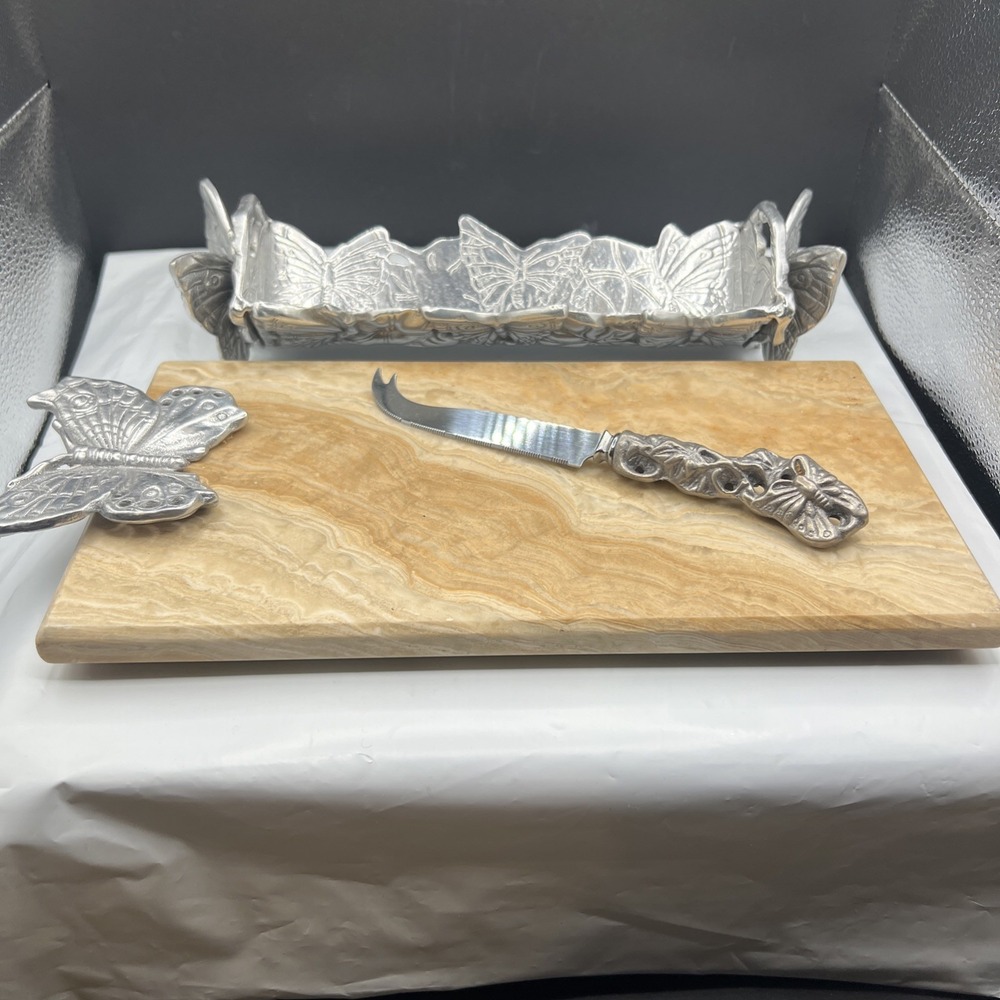 Vtg Arthur Court Butterfly Marble Cheese Board Cracker Tray & Knife 3 Pc Set